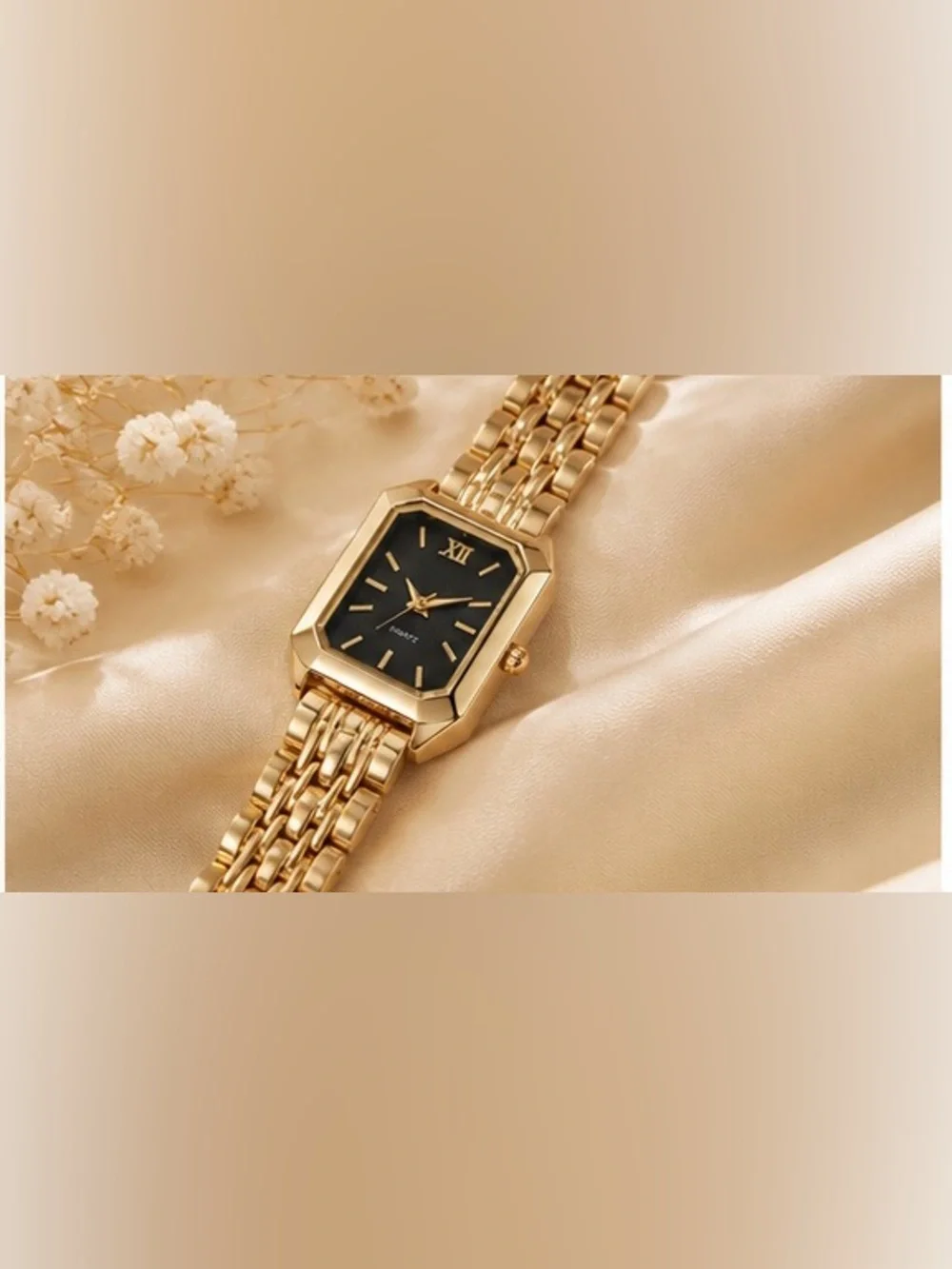 Vintage Gold Rectangle Watch | Minimalist Black Dial Quartz Wristwatch
